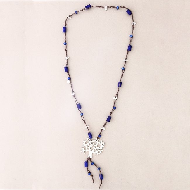 LONG NECKLACE LAVA BEADS METAL TREE PENDANT