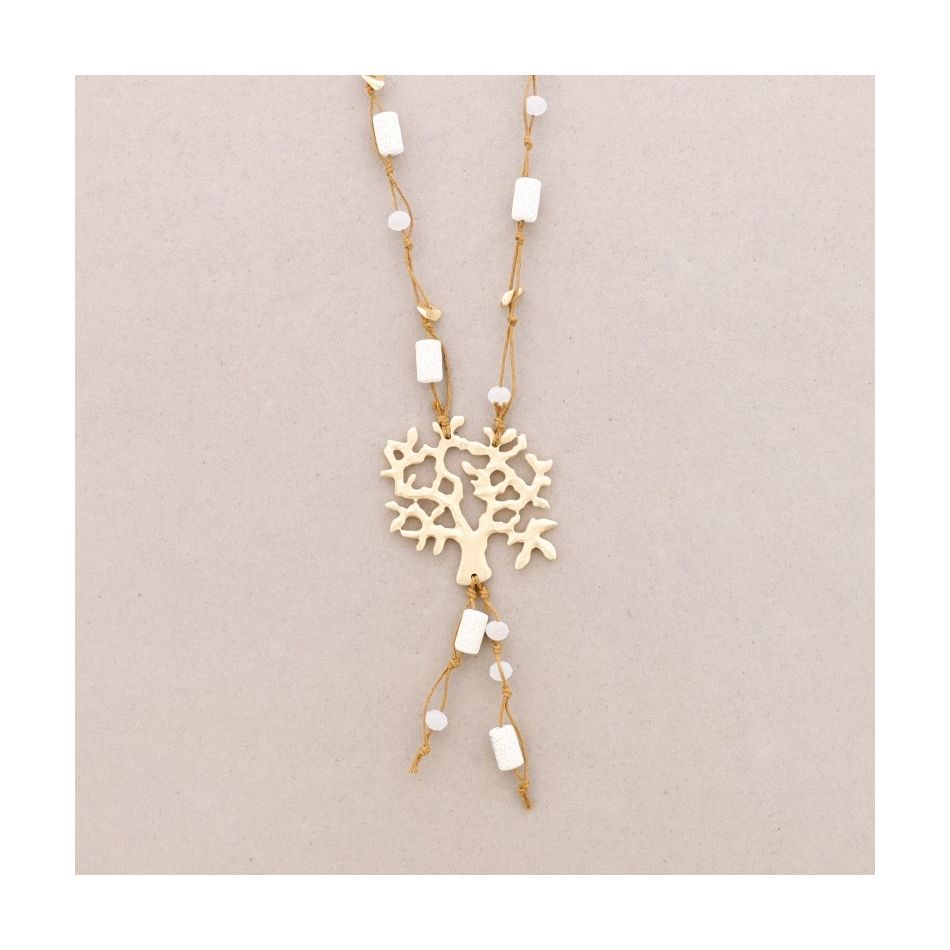 LONG NECKLACE LAVA BEADS METAL TREE PENDANT