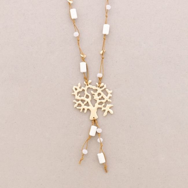 LONG NECKLACE LAVA BEADS METAL TREE PENDANT