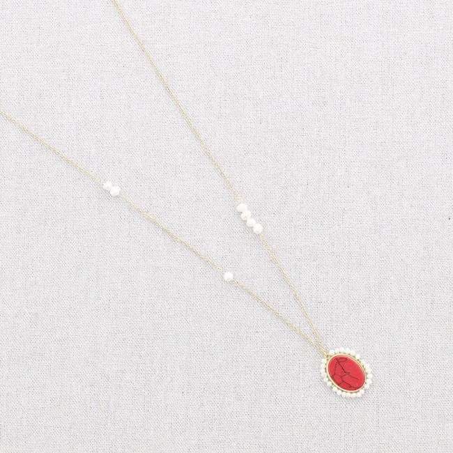 PEARL STONE PENDANT STEEL SHORT NECKLACE