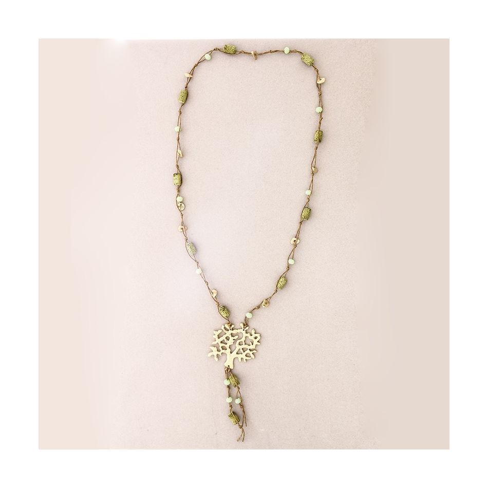 LONG NECKLACE LAVA BEADS METAL TREE PENDANT