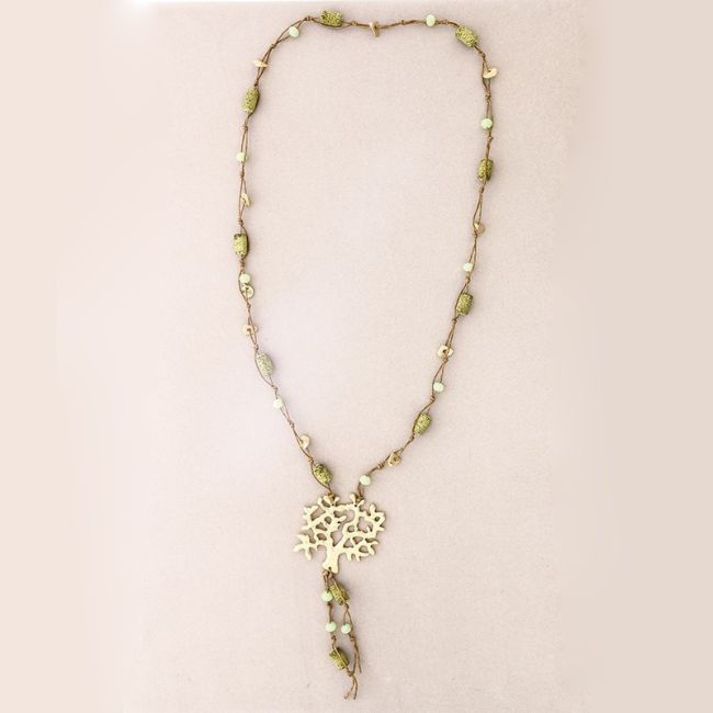 LONG NECKLACE LAVA BEADS METAL TREE PENDANT