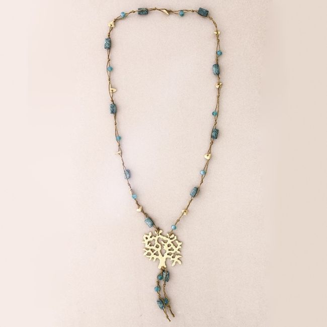 LONG NECKLACE LAVA BEADS METAL TREE PENDANT