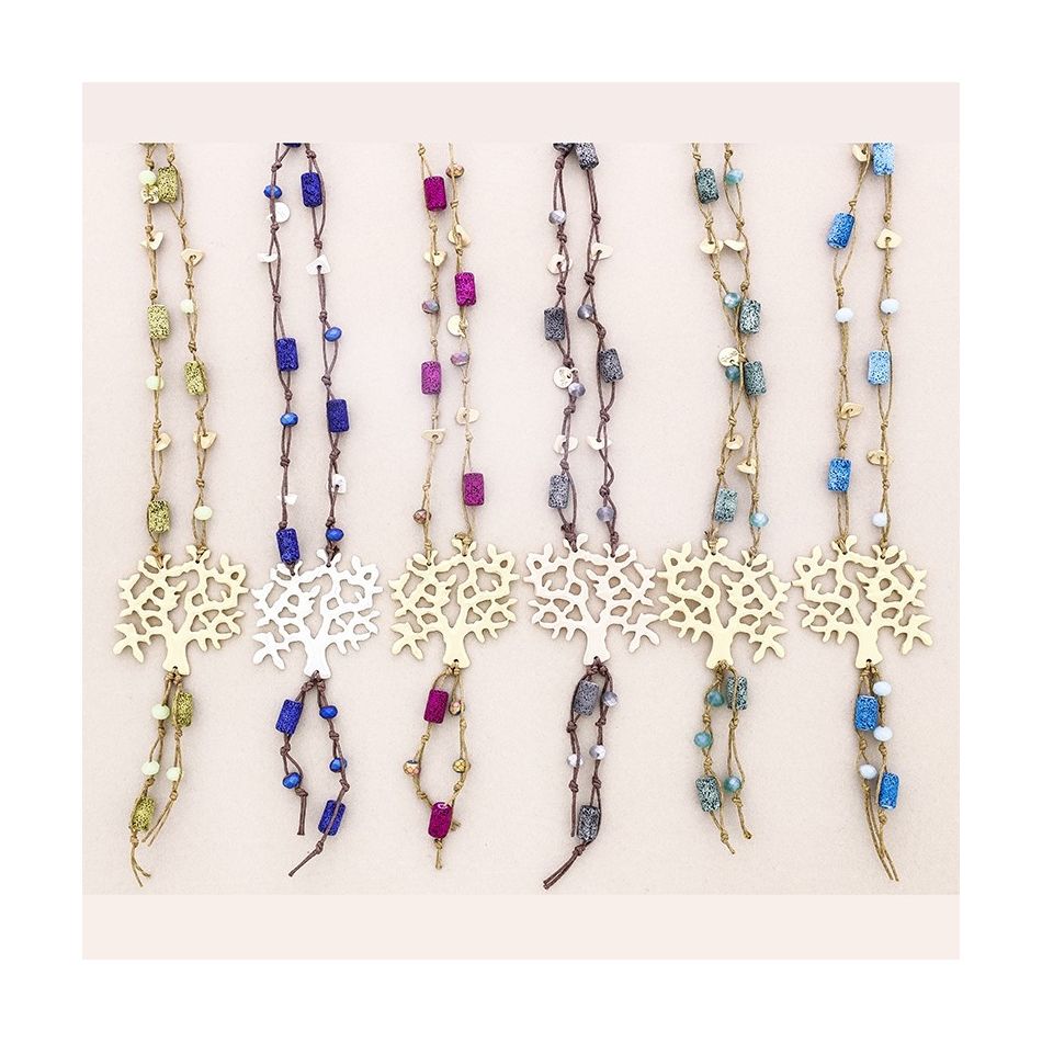 LONG NECKLACE LAVA BEADS METAL TREE PENDANT