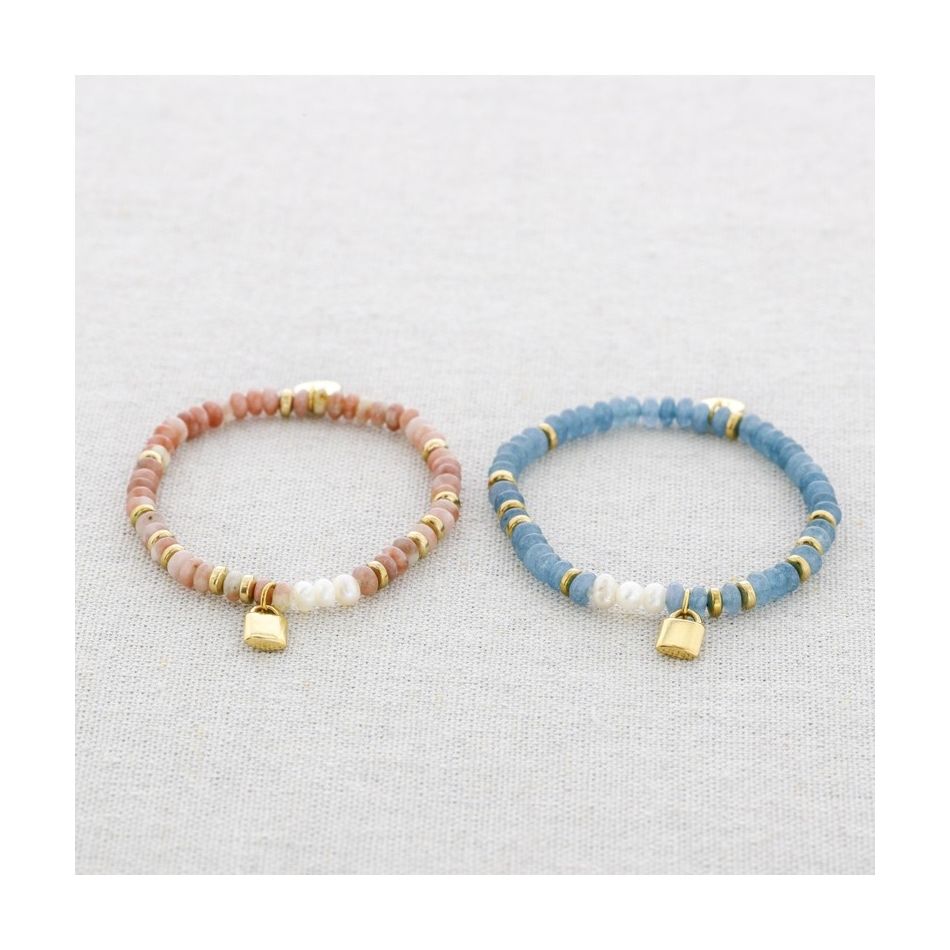 PULSERA ELÁSTICA ACERO PIEDRAS COLGANTE CANDADO