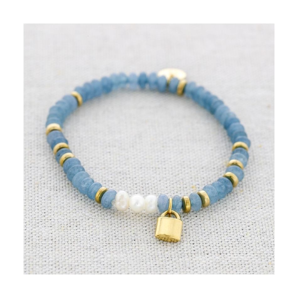 STONE ELASTIC STEEL BRACELET WITH PADLOCK PENDANT