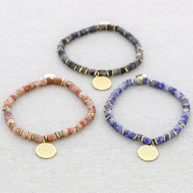 ELASTIC STEEL STONE MEDAL PENDANT BRACELET