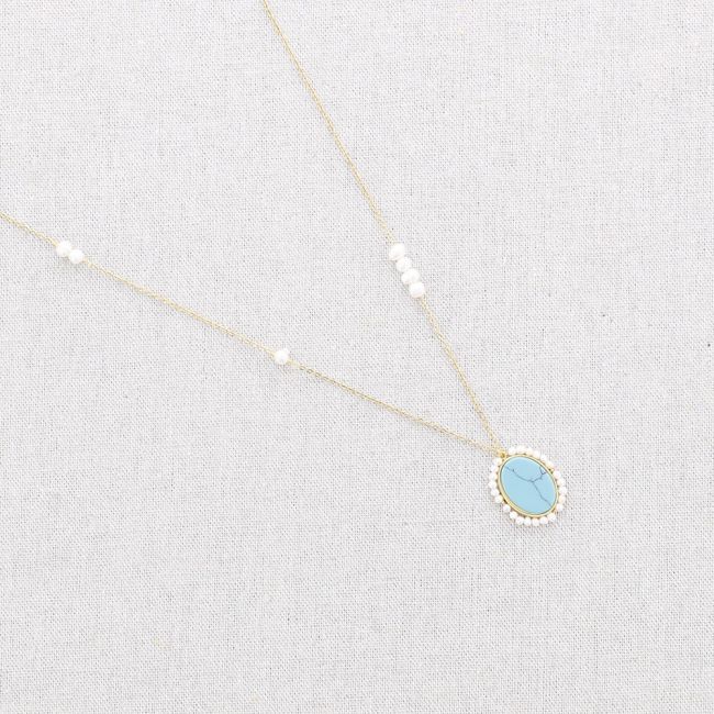 PEARL STONE PENDANT STEEL SHORT NECKLACE