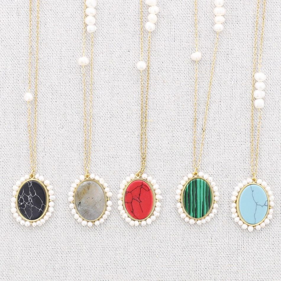 PEARL STONE PENDANT STEEL SHORT NECKLACE