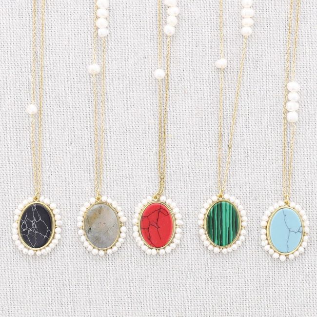 PEARL STONE PENDANT STEEL SHORT NECKLACE